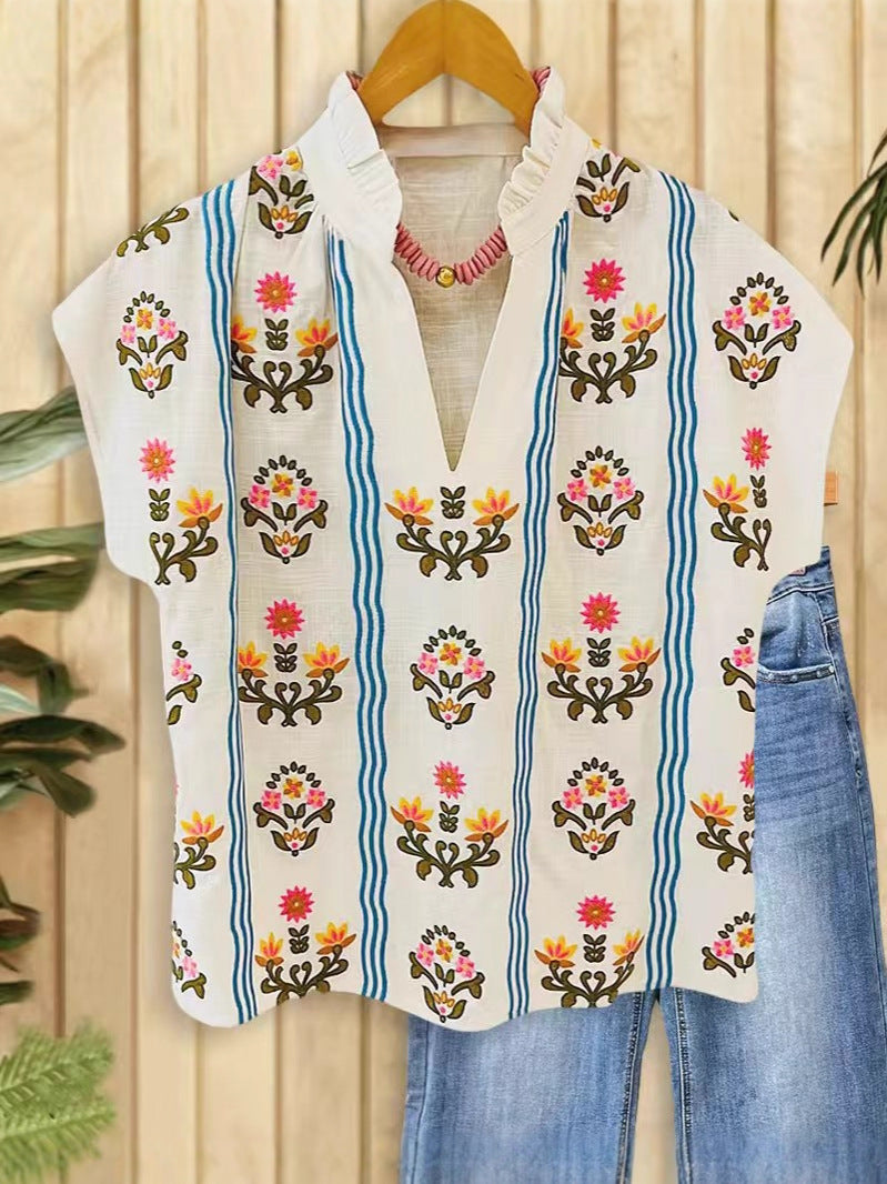 Women's Summer French Pastoral Style Floral Print Simple Fashionable Batwing Blouse