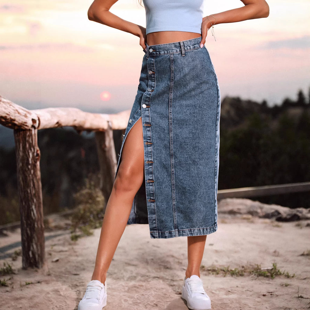 Women's Irregular Slit Denim High Waist Long Skirt