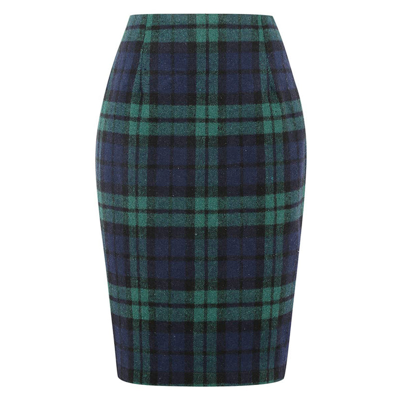 Women's Pencil Tartan High Waist Tight Hip Knee-length Dress