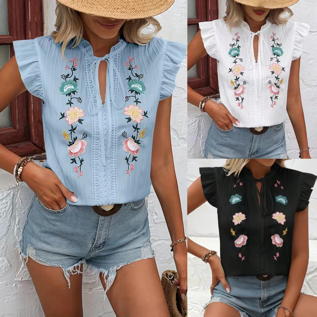 New Women's Summer Short-sleeved Embroidered Shirt Blouse