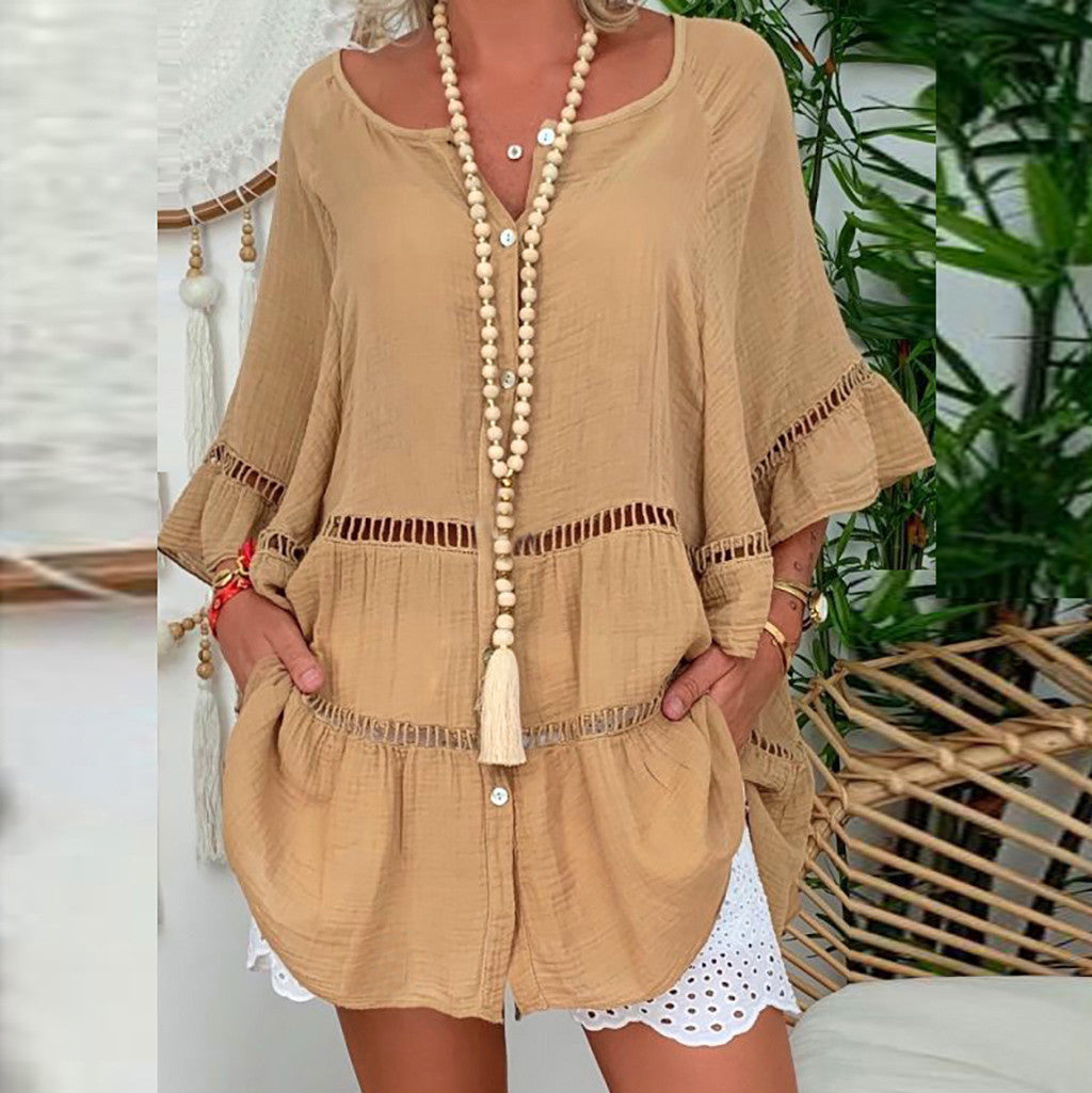 Women's Three-quarter Sleeve Cotton Linen Loose Button Dress
