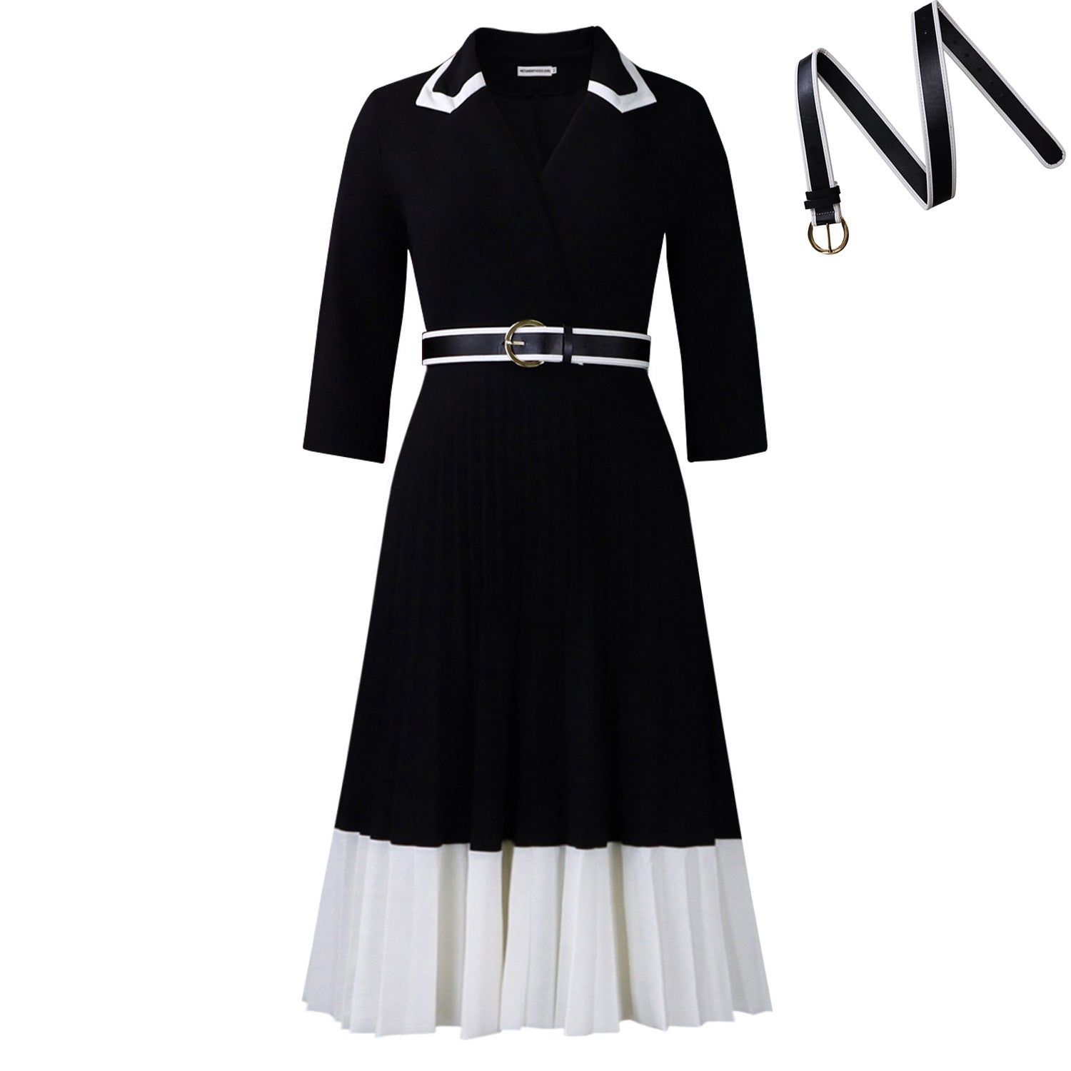 Women's Solid Color Long Sleeve Matching Pleated A- Dress