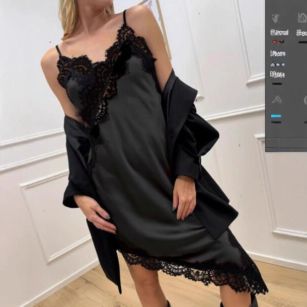 Women's Autumn Sexy Mid-length Forged Surface Irregular Slit Dress