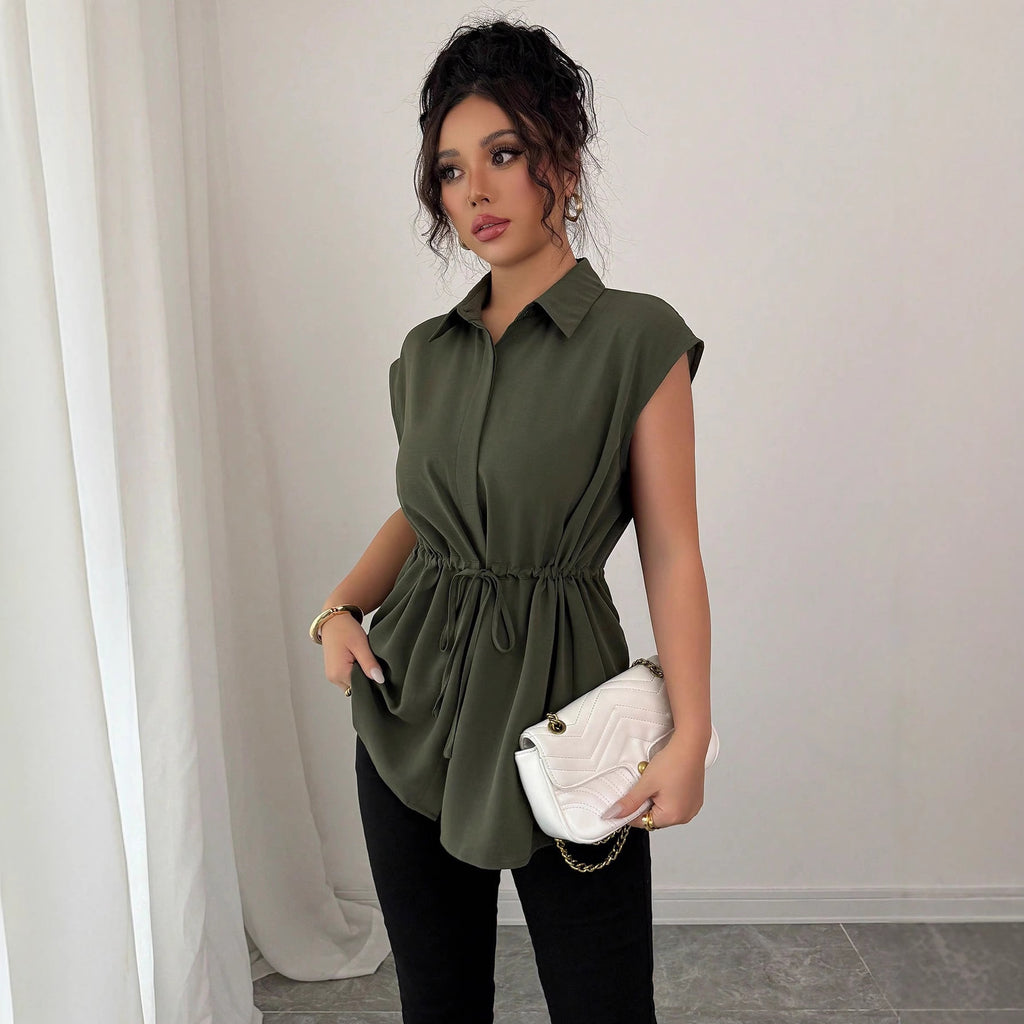Women's Fashion Loose Waist Single-breasted Solid Color Collar Women's T-shirt