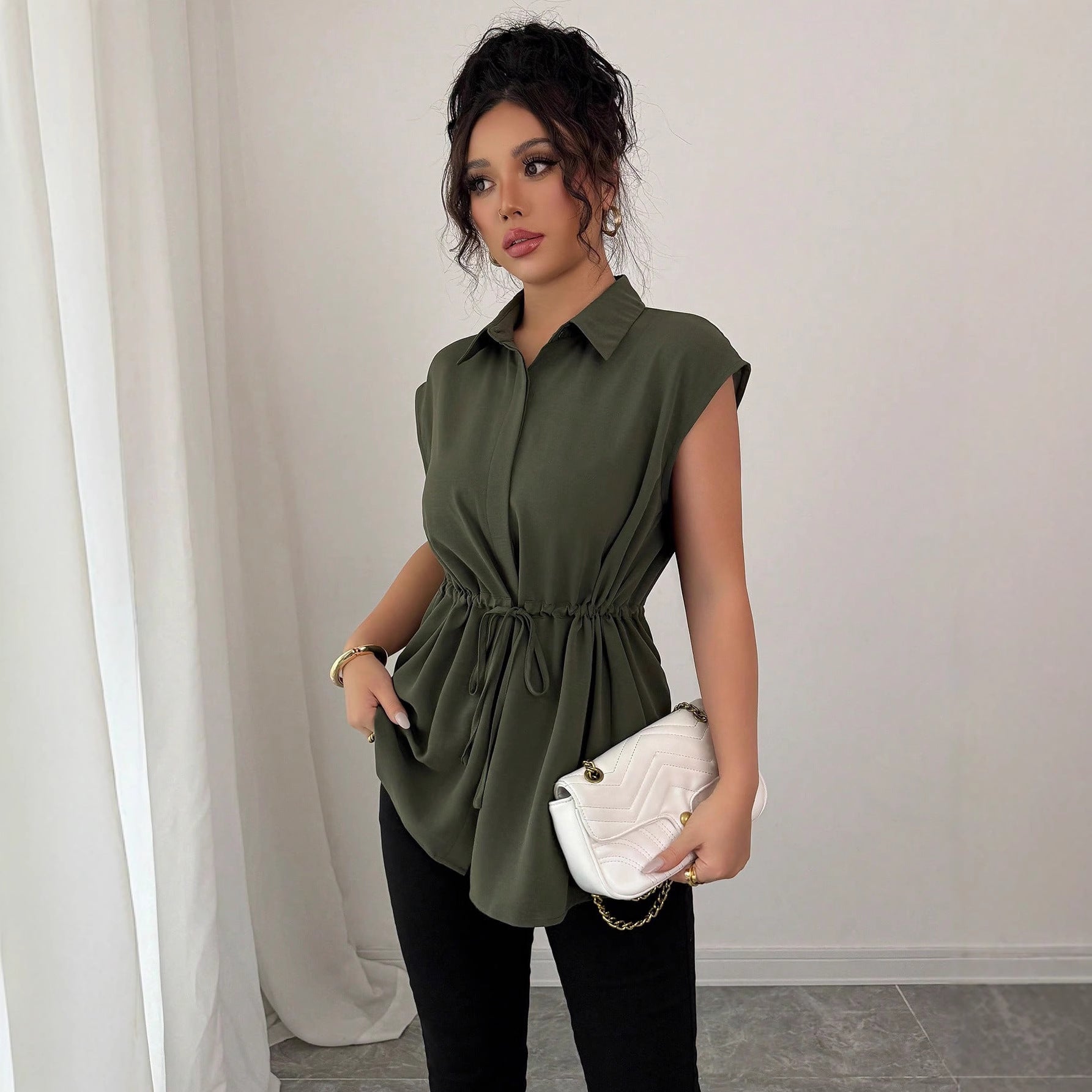Women's Fashion Loose Waist Single-breasted Solid Color Collar Women's T-shirt