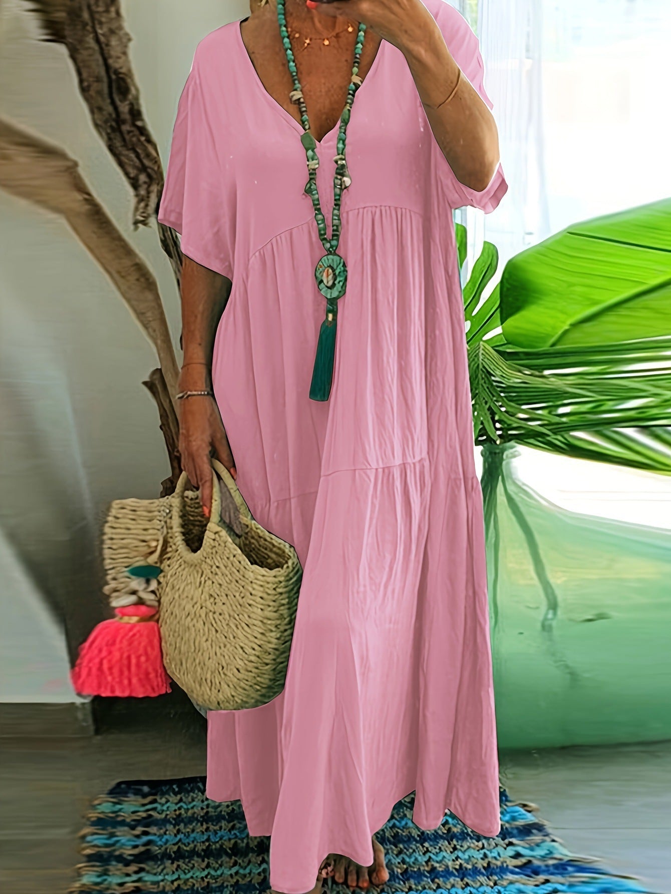 Women's Solid Color Loose Sleeve Large Swing Dress