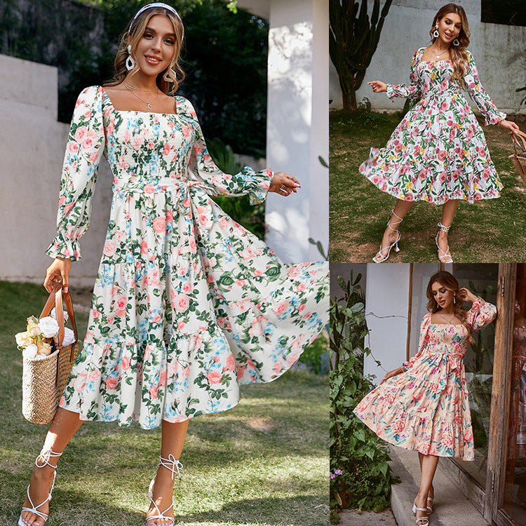 Collar Flared Long Sleeve High Waist Dress