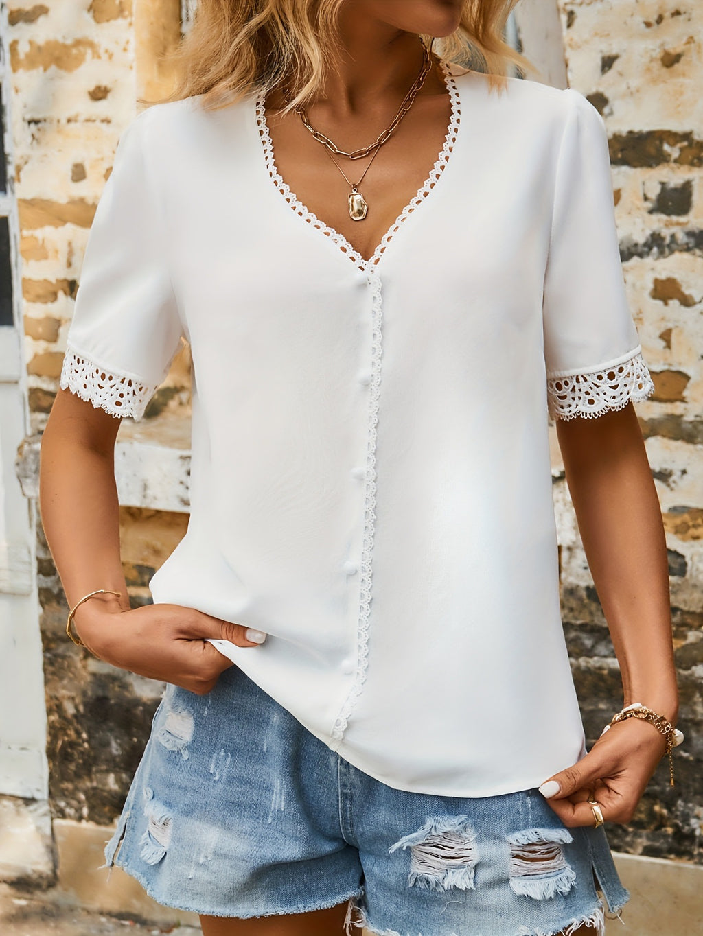 Classic Women's Shirt Hollow Lace Summer Blouse