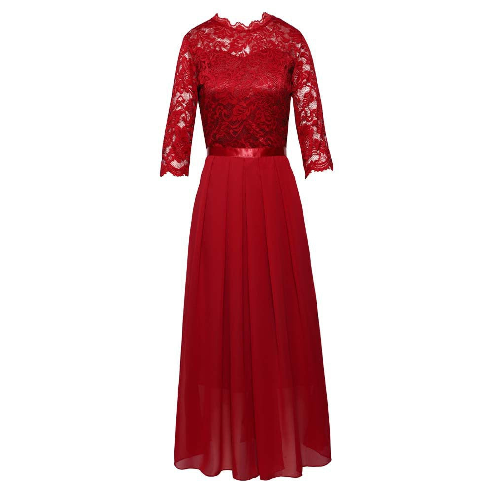 Women's Long Chiffon Round Neck Lace Dress