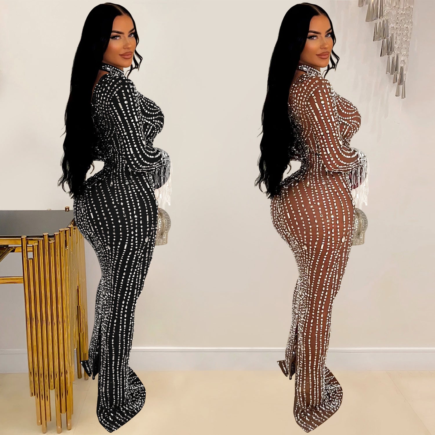 Women's Fashion Wear Pure Color Mesh Rhinestone Dress