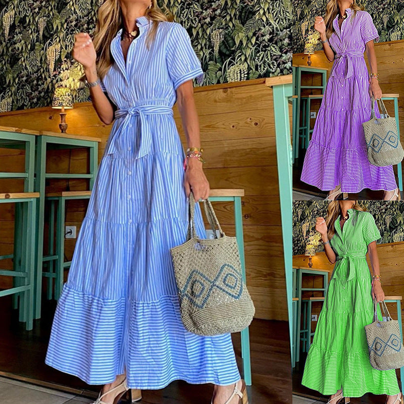 Fashionable Striped Sleeve Loose Midi Elegant Dress