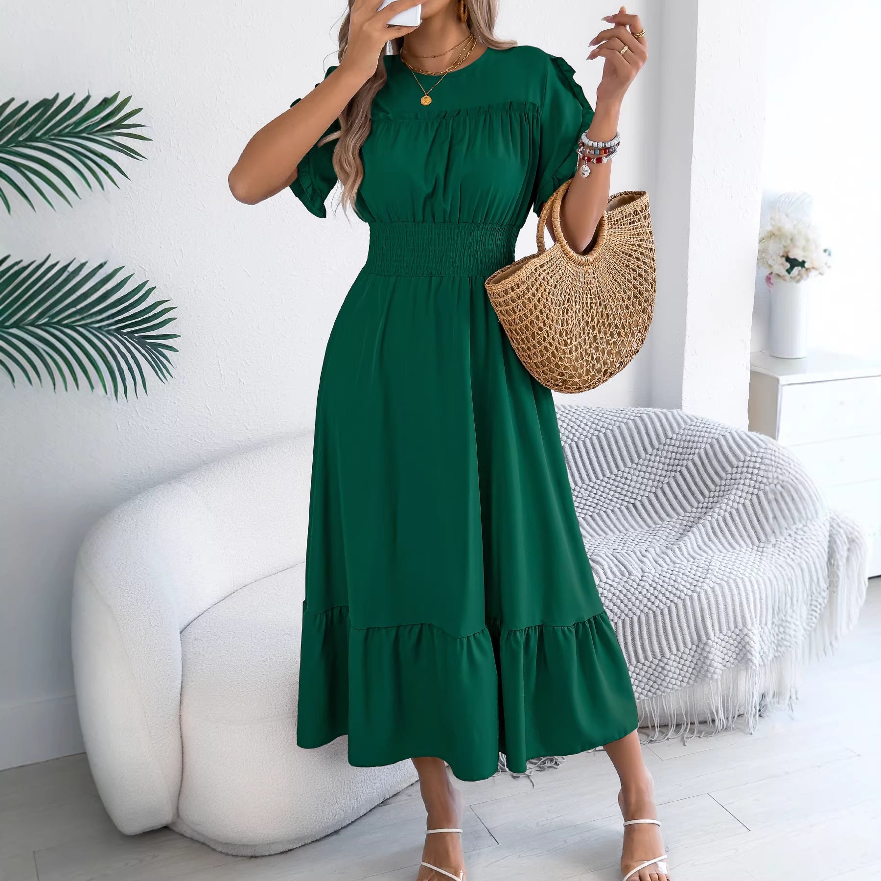Women's Casual Stringy Seedge Sleeve Smocking Large Hem Shorts