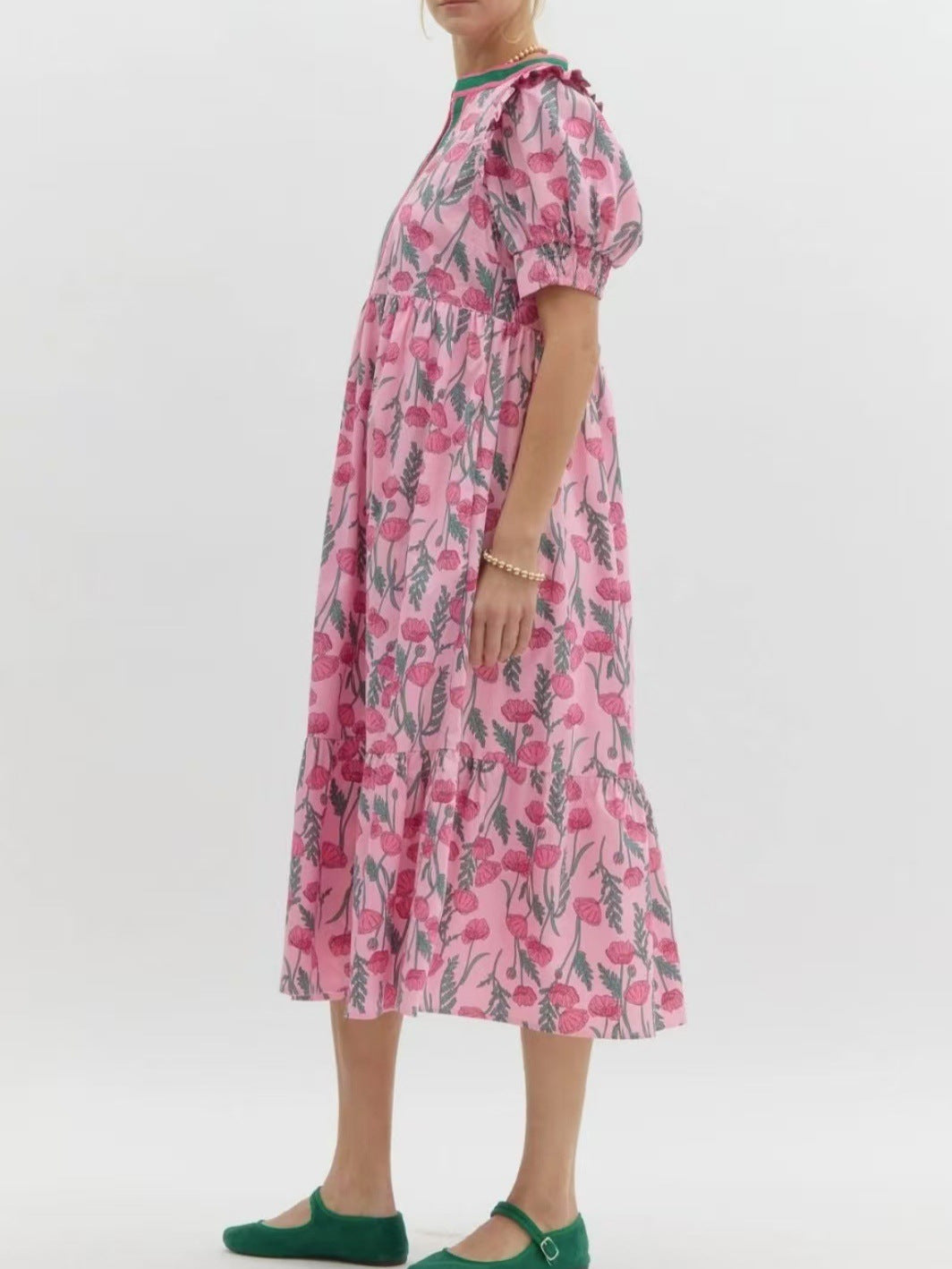 Rose Printed High Waist Puff Sleeve Dress