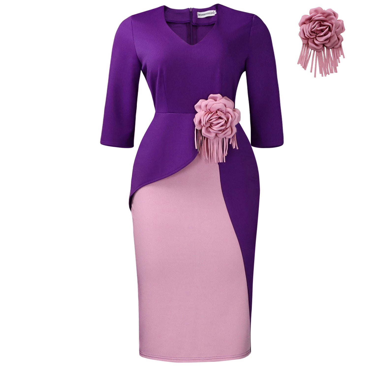 Solid Color Flower Temperament Pleated Half Sleeve Dress