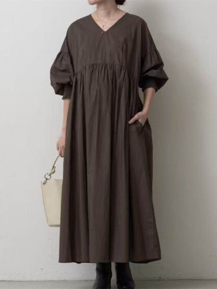 Lantern Sleeve Cuff Olive Long Solid Dress