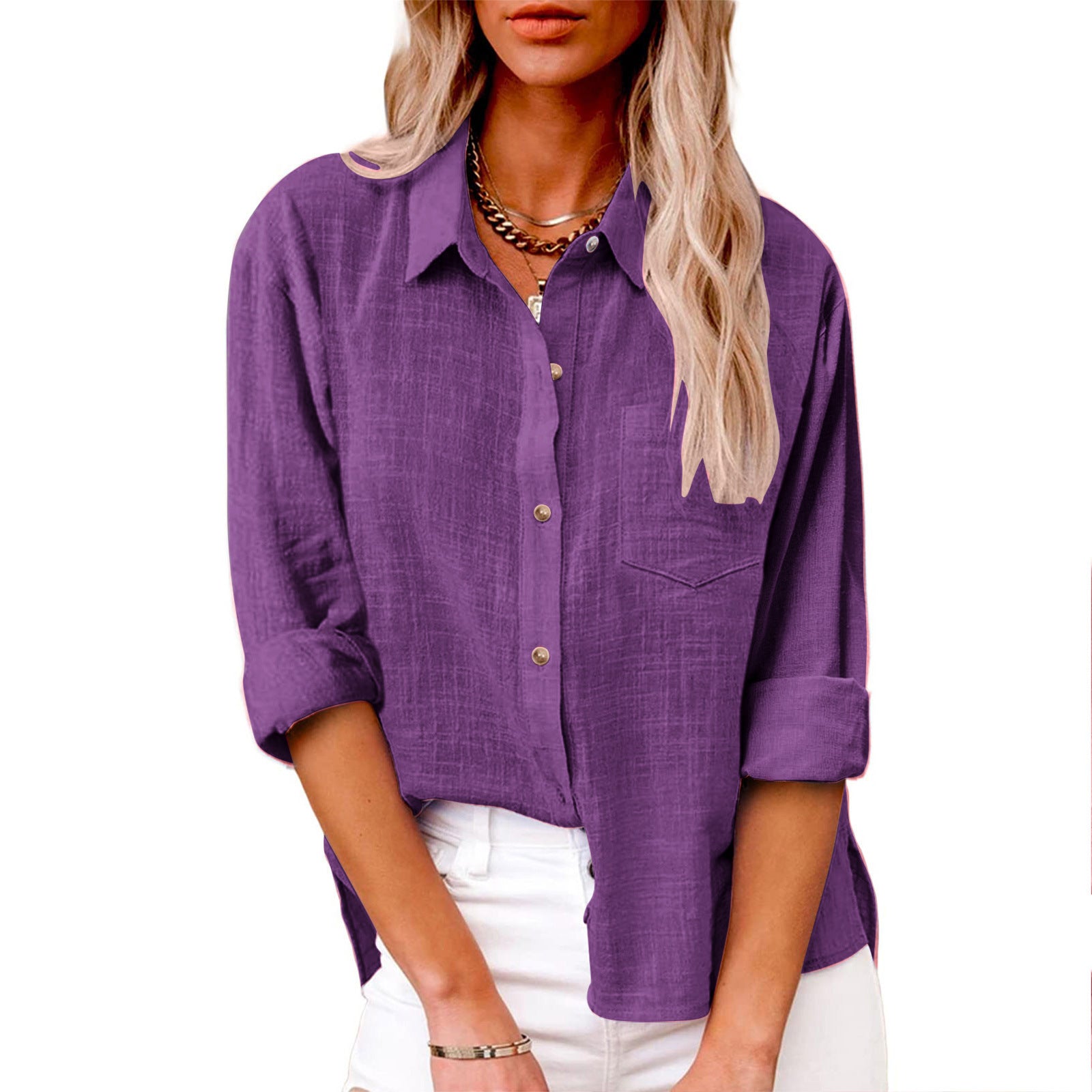 Women's Autumn Pocket Split Long Sleeve Cotton Blouse