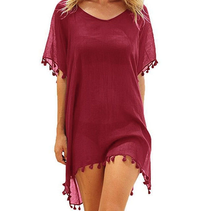 Women's Round Neck Chiffon Tassel Large Loose Beach Dress