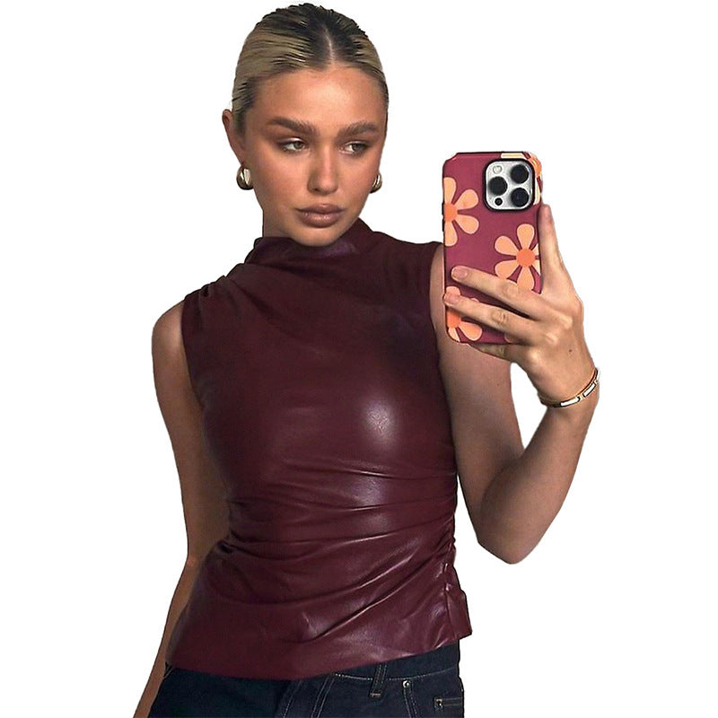 Women's Leather Cascading Collar Personalized Oblique Sleeveless Women's T-shirt