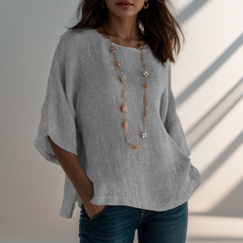Women's Retro Shirt Three-quarter Sleeve Round Neck Cotton Blouse