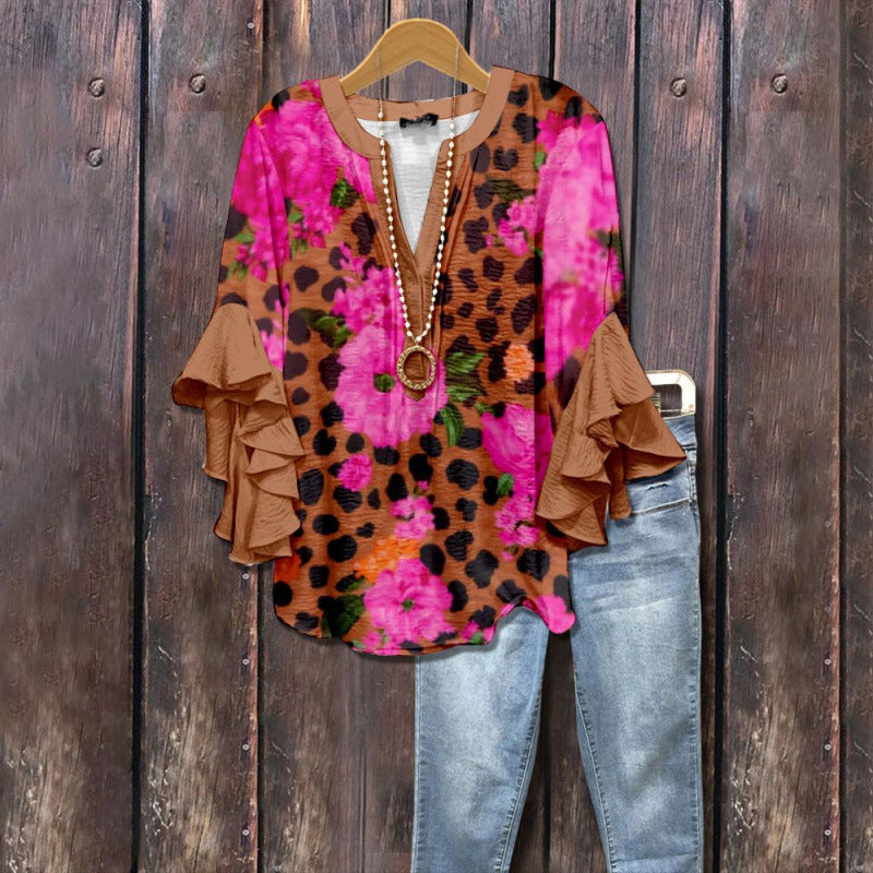 Women's Bubble Wrinkle Floral Element Digital Printing Casual Trend Women's T-shirt