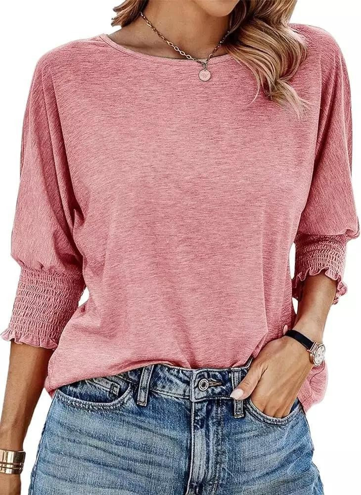 Women's Summer Stylish Loose Round Neck Cuff Smocking Long Women's T-shirt