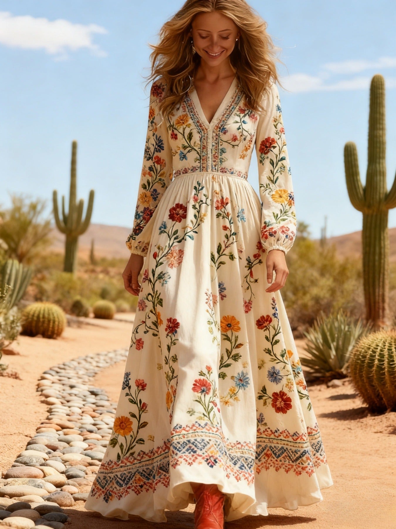 Long Sleeve Ethnic Style Bohemian Large Dress