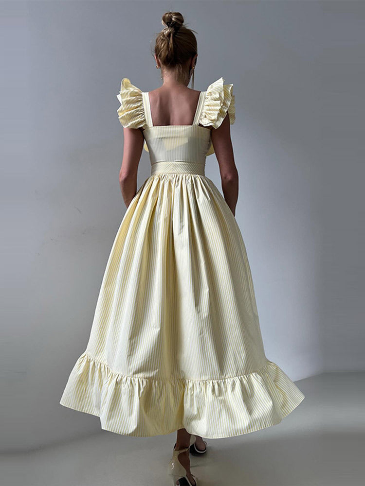 Flying Sleeves Striped Ruffled Long Summer Casual Style Dress