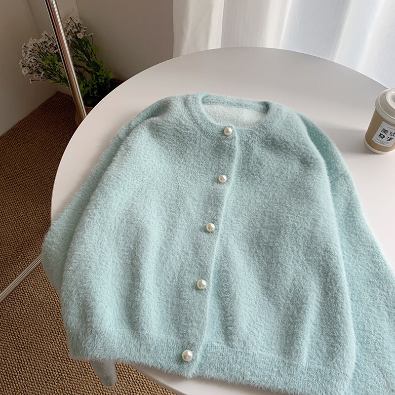 Women's Imitation Mink Pearl Buckle Outerwear Loose Women's Sweater