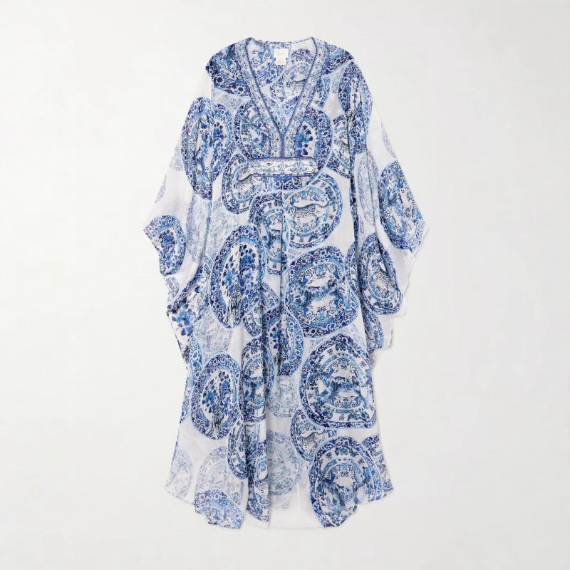 Women's Summer Blue White Porcelain Printed Loose-fitting Plus Size