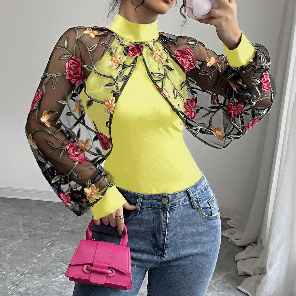 Women's Summer Sexy Floral Embroidered Lace Stitching Ruffle Fashionable Blouse