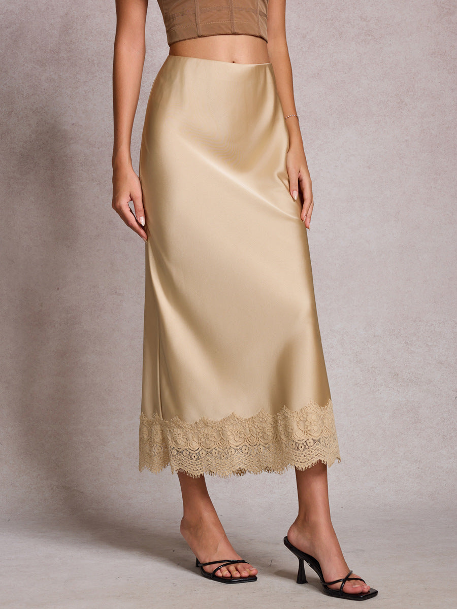 Women's Lace Satin High Waist Elastic Elegant Skirts