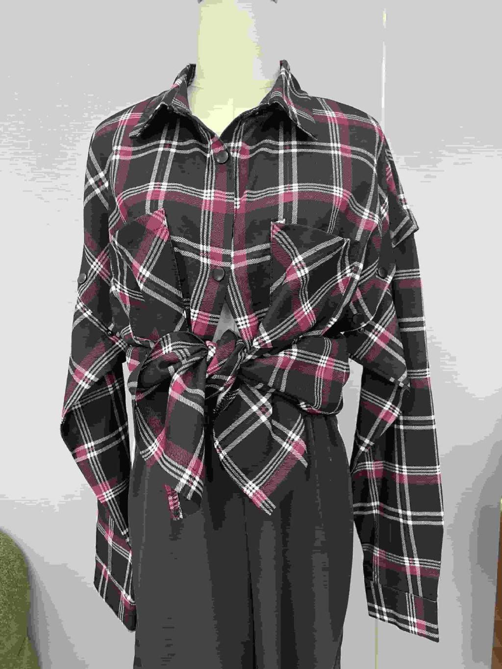 Beautiful Plaid Detachable Long Sleeve Large Pocket Retro Blouse