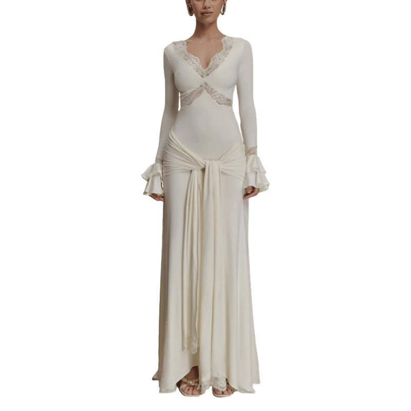 Women's Long Sleeve Lace Patchwork Flared Sleeves Ribbon Dress
