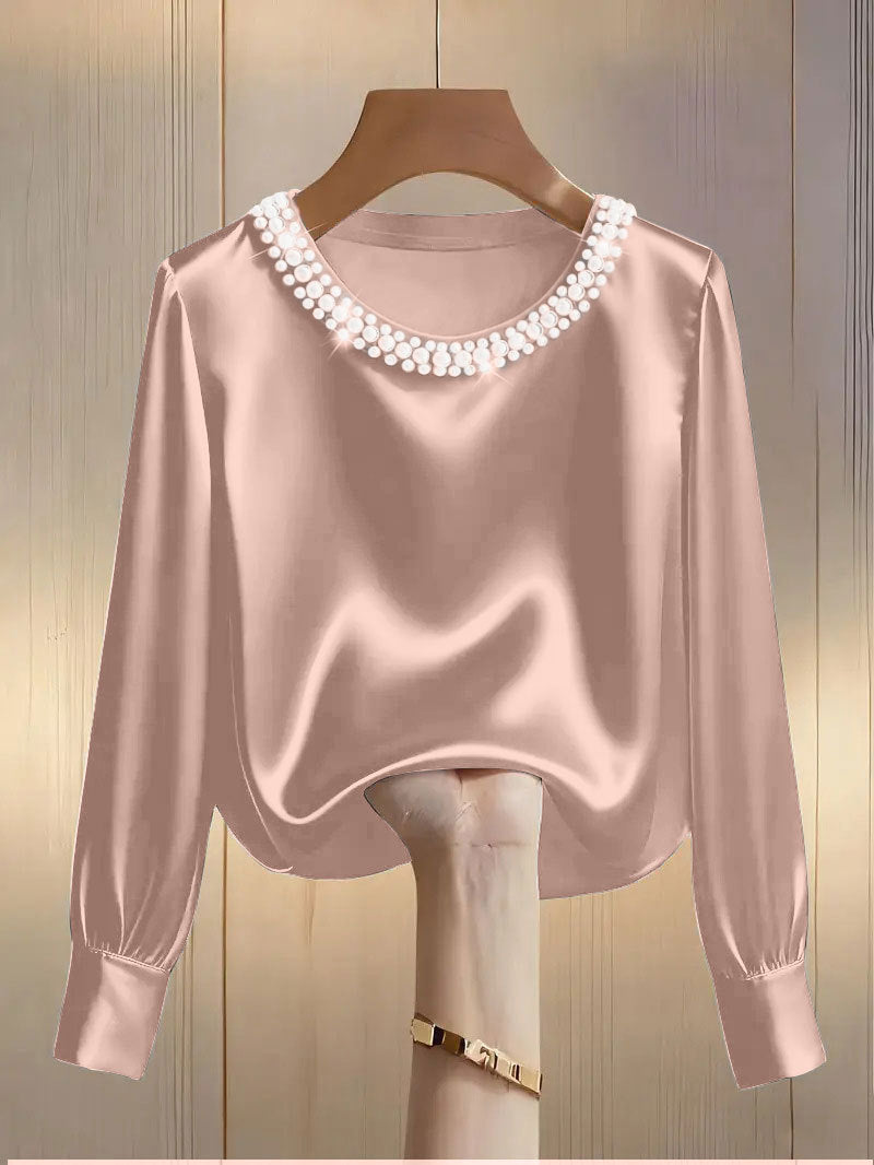 Women's Style High-grade Pearl Round Neck Satin Shirt Tops