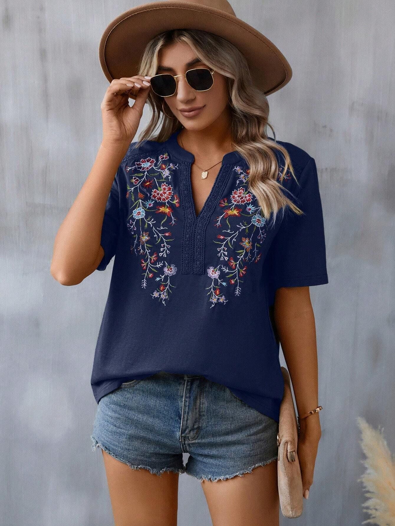 Women's Summer Fashion Ten Thousand Needles Embroidery Blouses