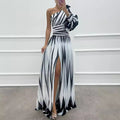 Print Slant Shoulder Slit Casual Loose Dress