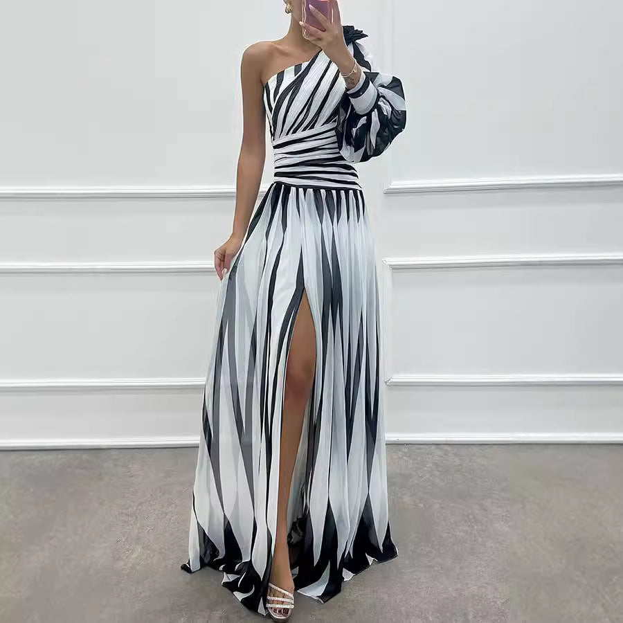 Print Slant Shoulder Slit Casual Loose Dress