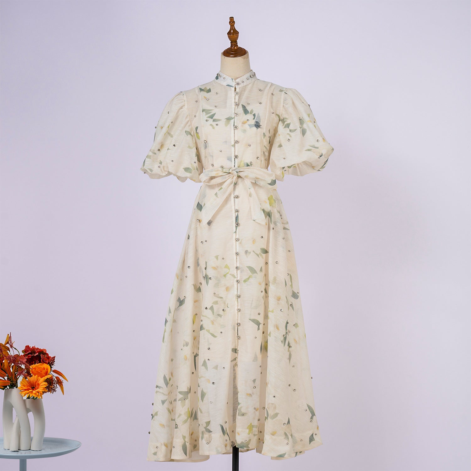 Summer Palace Style High Design Sense Rhinestone Sleeve Single-breasted Long Dress
