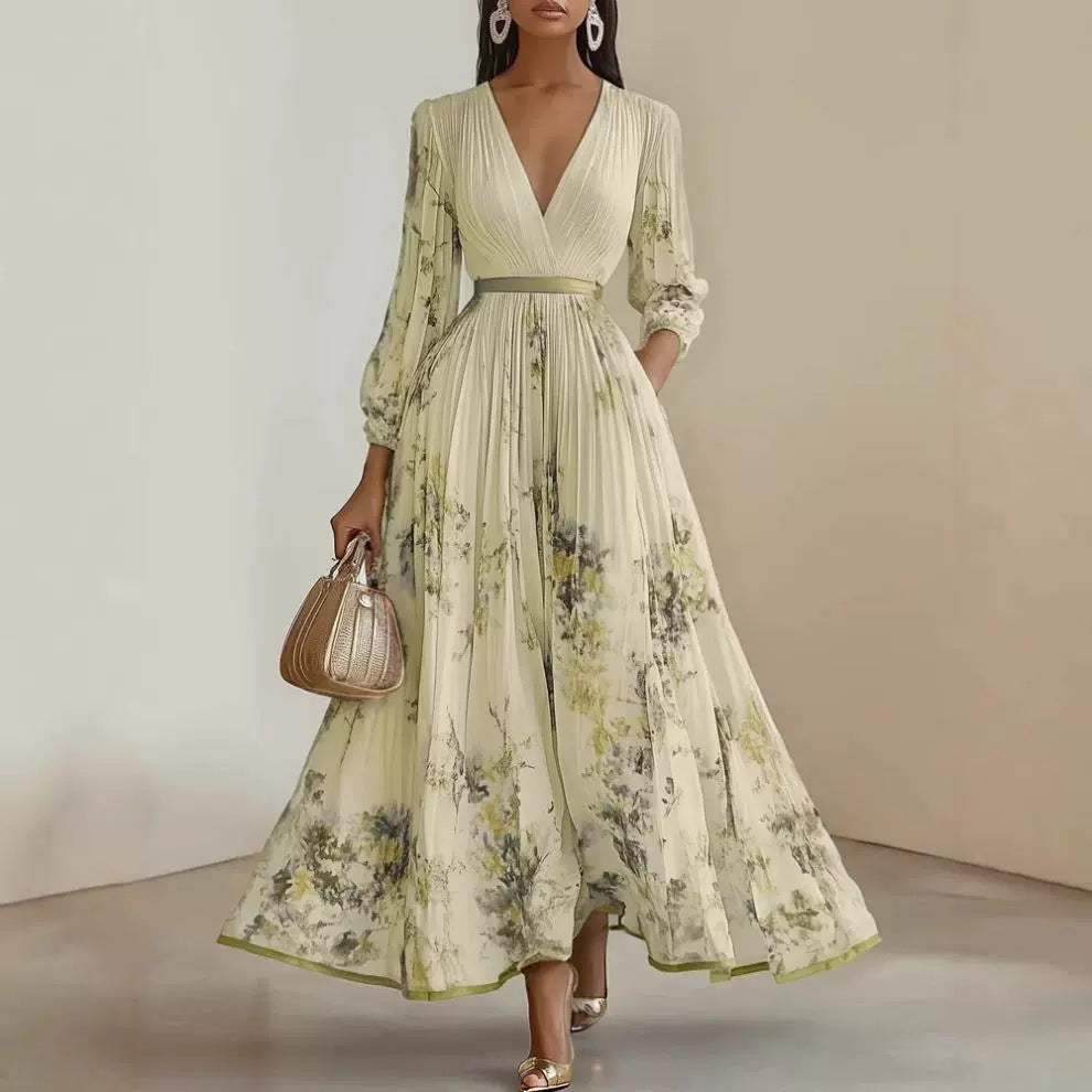 Women's Printed Long Sleeve Fashion Pleated Dress