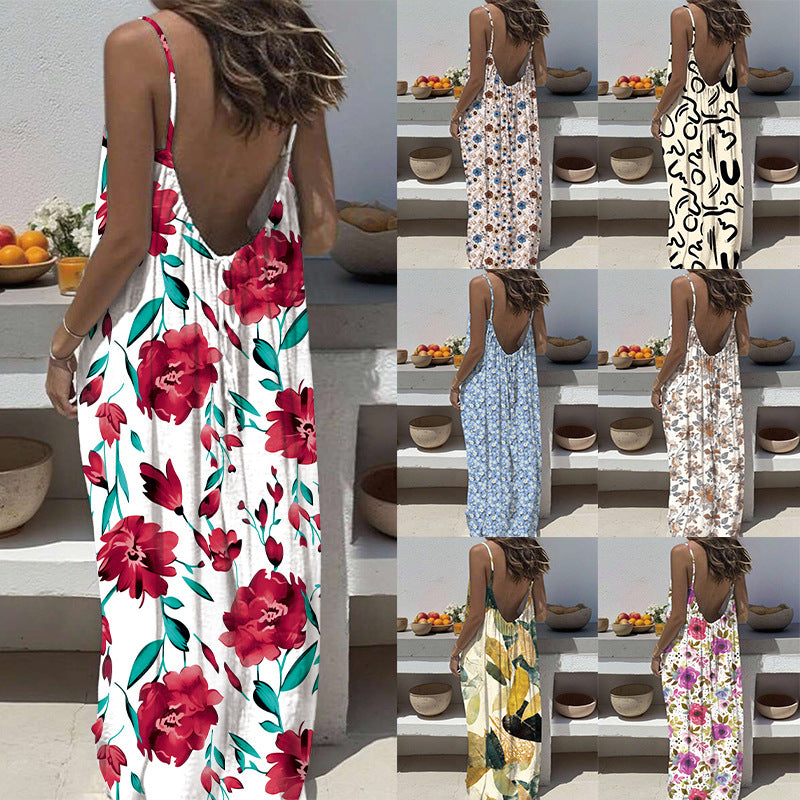 Women's Sling Backless Loose Print Long Dress