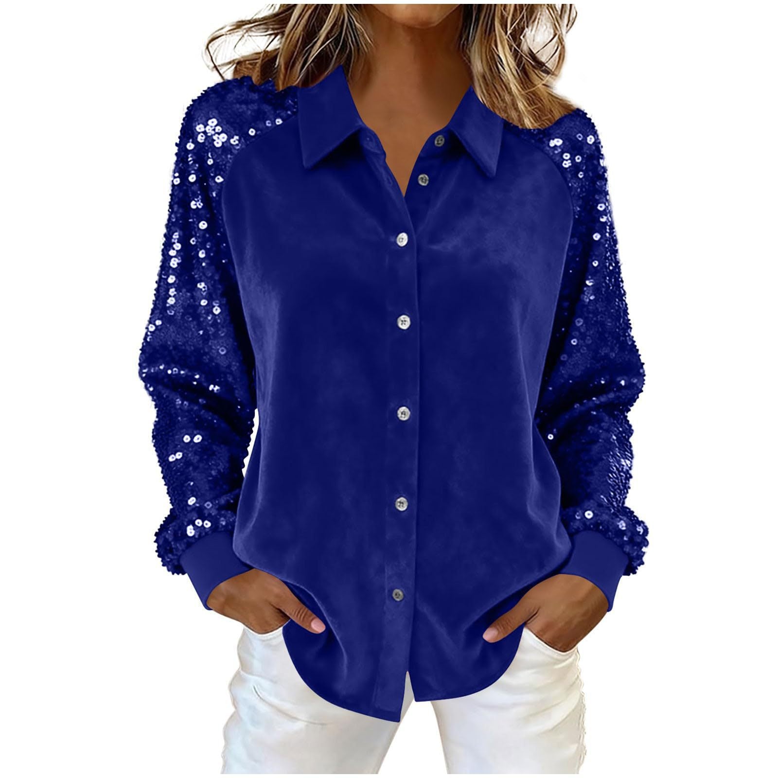 Women's Sequin Sleeve Stitching Long Veet Loose Tops