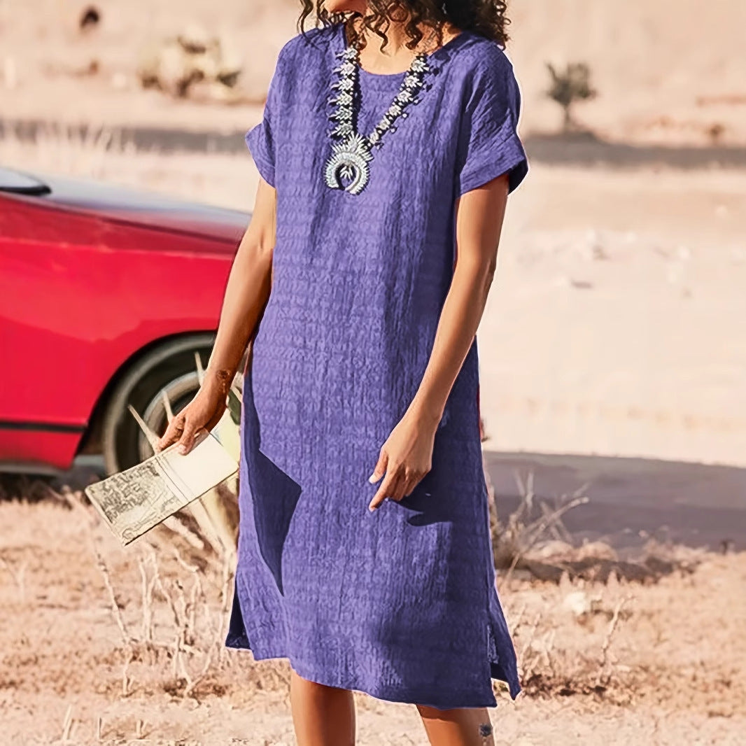 Women's Short-sleeved Casual Round Neck Side Slit Dress