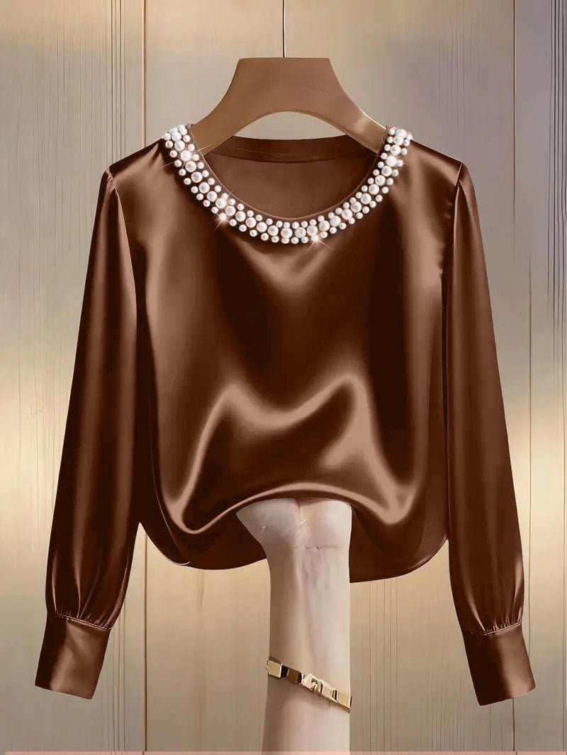 Women's Style High-grade Pearl Round Neck Satin Shirt Tops