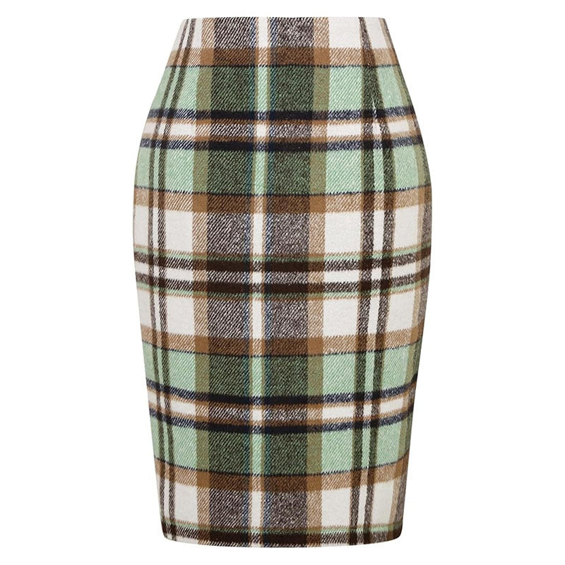 Women's Pencil Tartan High Waist Tight Hip Knee-length Dress