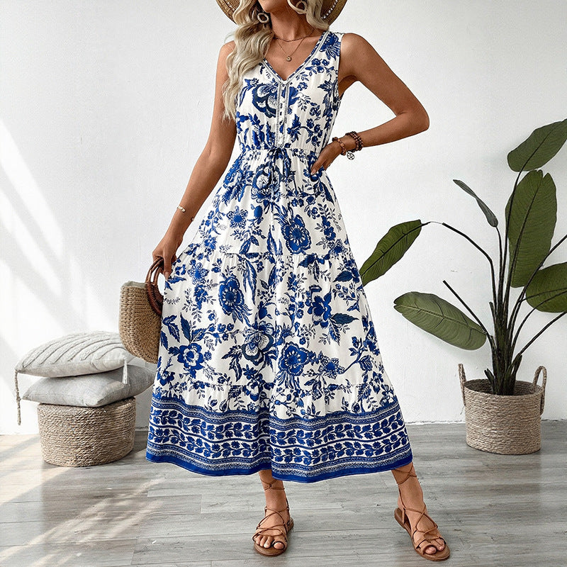 Fresh Vacation Style Long Sleeveless Blue Dress
