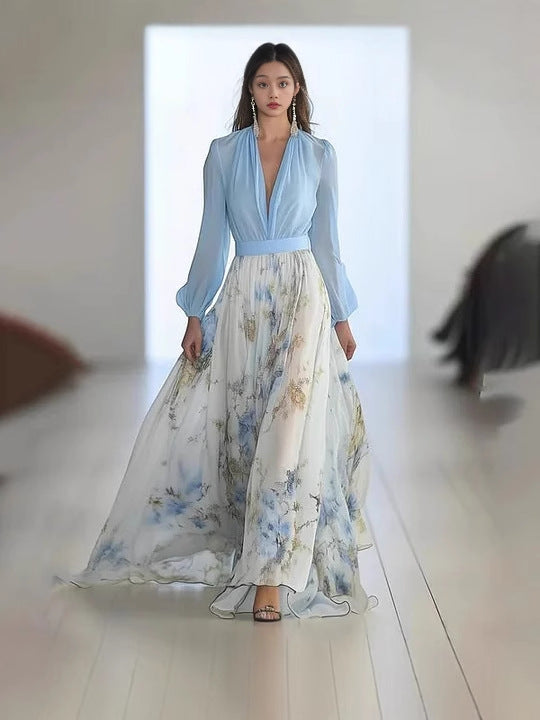 Women's Digital Printing Long Sleeve Collar Patchwork Dress