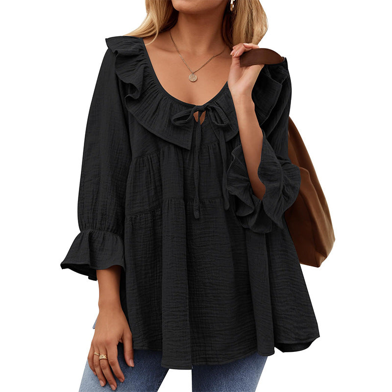 Women's Neck Tied Front Dart Loose Waist Women's T-shirt