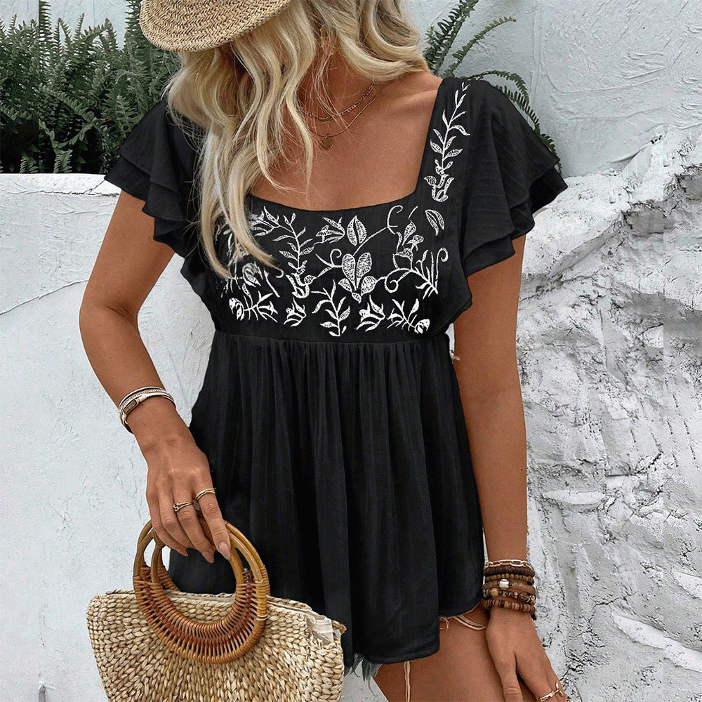 Women's Lace Square Collar Sleeve Embroidered Shirt Cool Blouse