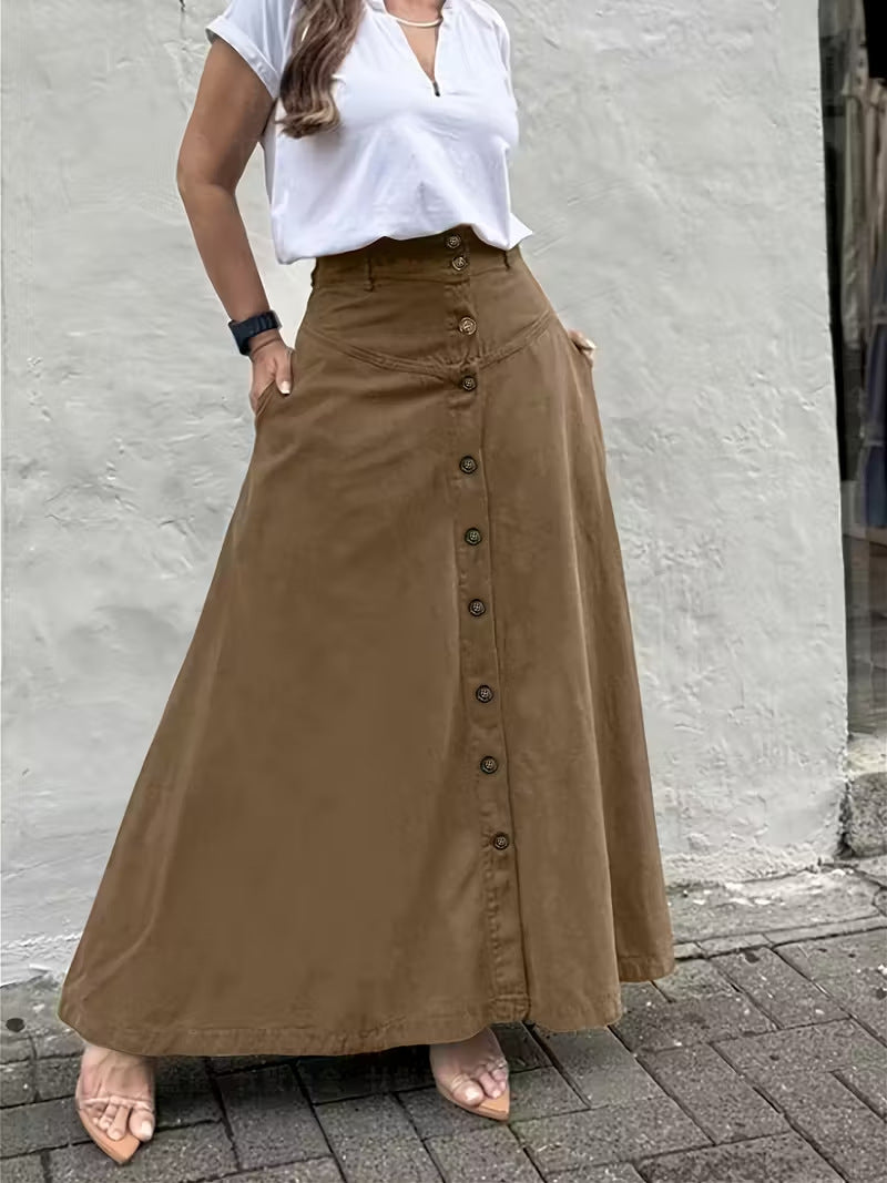 Women's Elegant High Waist Pocket Button Front Slit A- Line Skirts