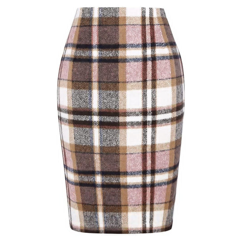 Women's Pencil Tartan High Waist Tight Hip Knee-length Dress